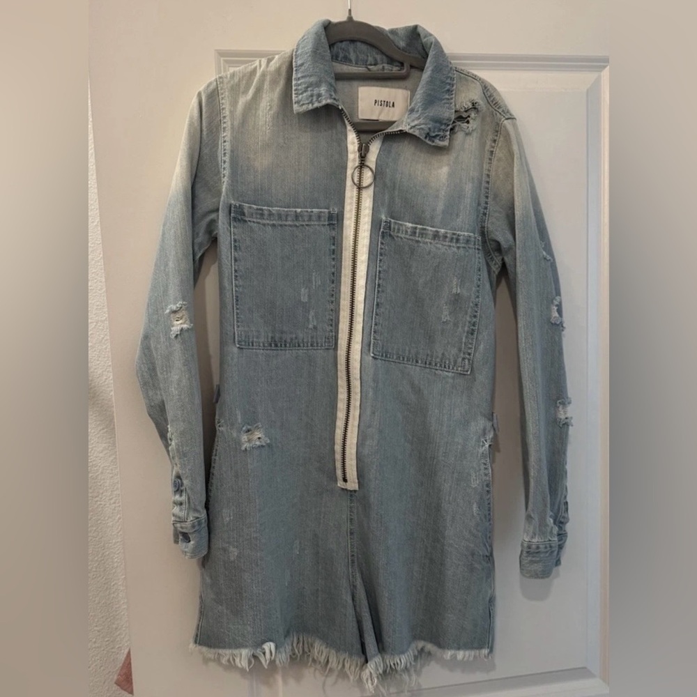 Pistola Light Blue Distressed Denim Jumpsuit with Front Zip Size S